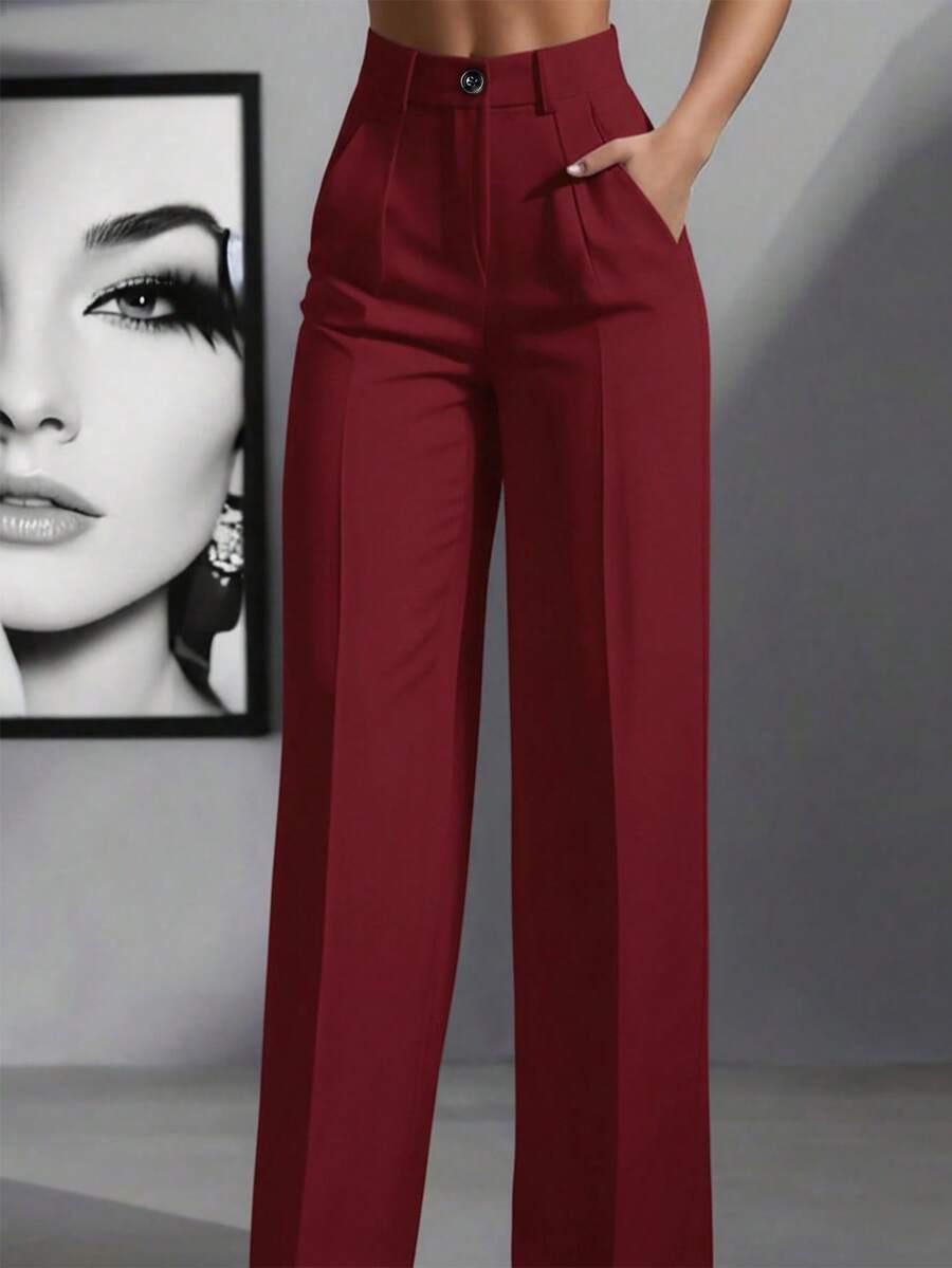 

2025 Women s High-Waisted Pleated Loose Fit Solid Color Long Suit Pants for Work and Casual Wear L бордовый