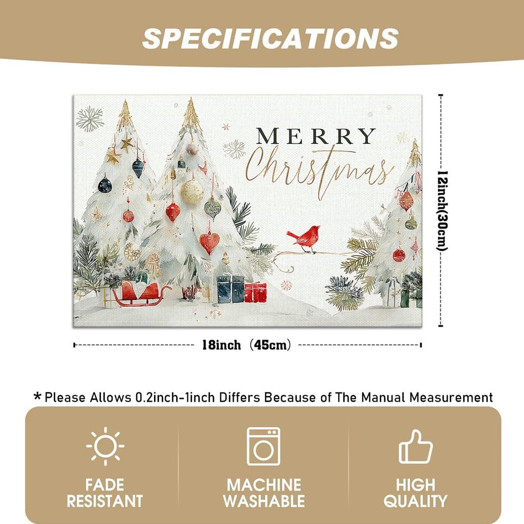 Of 4/6 Christmas-Themed Placemats Featuring Designs of Christmas Trees And Colorful Ornaments, Along with Elements Like Sleds, Gift Boxes, And Cardina