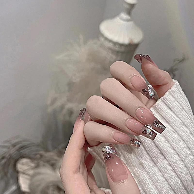 24Pcs French Gradient Ballet Press On Nails Black Heart Rhinestone Glitter Full Cover Fake Nail Tips