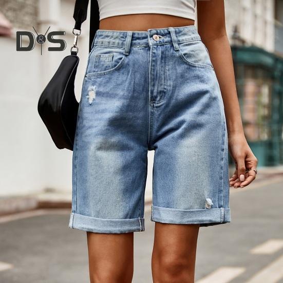 Καλοκαιρινά Γυναικεία Τζιν Σορτς Μήκους Μέχρι το Γόνατο Με Μέση που Φτάνει Μέχρι τη Μέση Ελαστικά Καθημερινά Φαρδιά Ίσια Πόδια Ξεβαμμένα με Μανσέτες Τζιν Σορτς Παντελόνια με Τσέπες