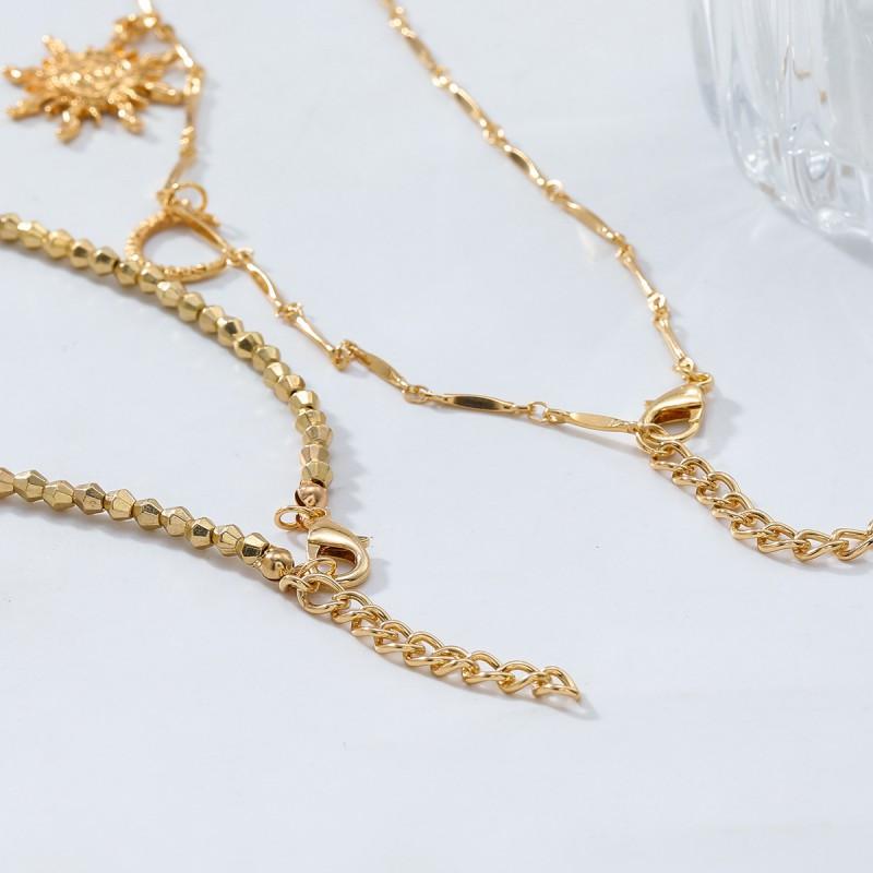 Gold Tone Sun Moon Geometric Pendant Necklace Set Women Layered Minimalist Beach Vacation Jewelry Zinc Alloy Chain 41-50cm