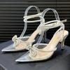 Luxury Rhinestone Bow High Heeled Sandal Women Elegant Summer Dress ankle strap Heels Shoe Sexy Pointed Toe Satin Designer Pumps