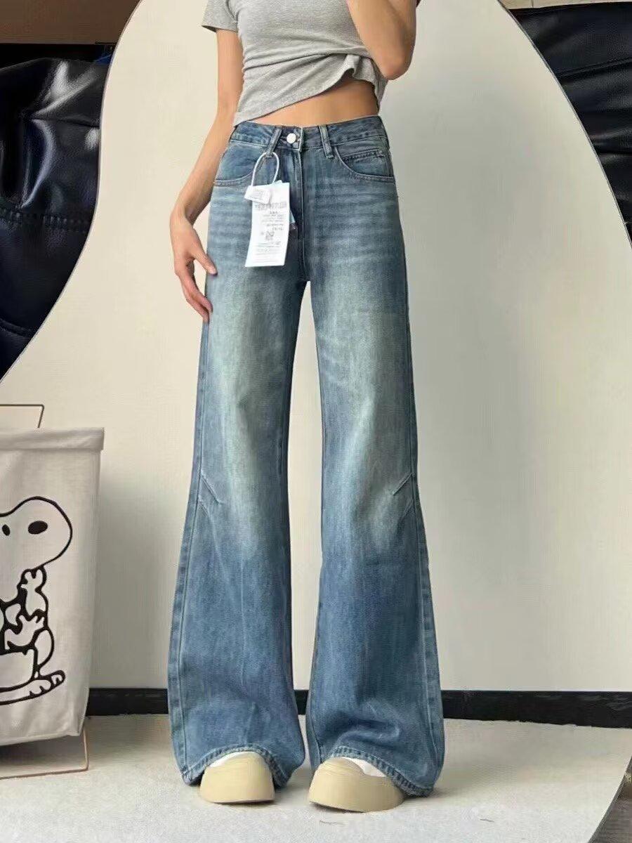 

Винтажные синие джинсы микро-клеш с высокой посадкой: Свободный, стройнящий, трендовый дизайн для осени/зимы. 2XL синий