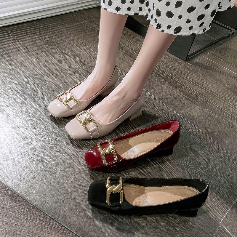 Thick-heeled single shoes women's spring 2025 new French retro low-heeled women's shoes patent leather burgundy square head high heels