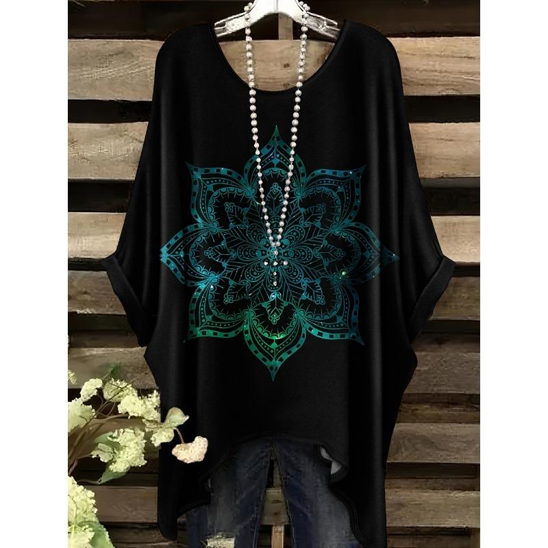 Chic Women T-Shirts Oversized Simple Vintage Floral Print Irregular Hem Round Neck T-Shirt