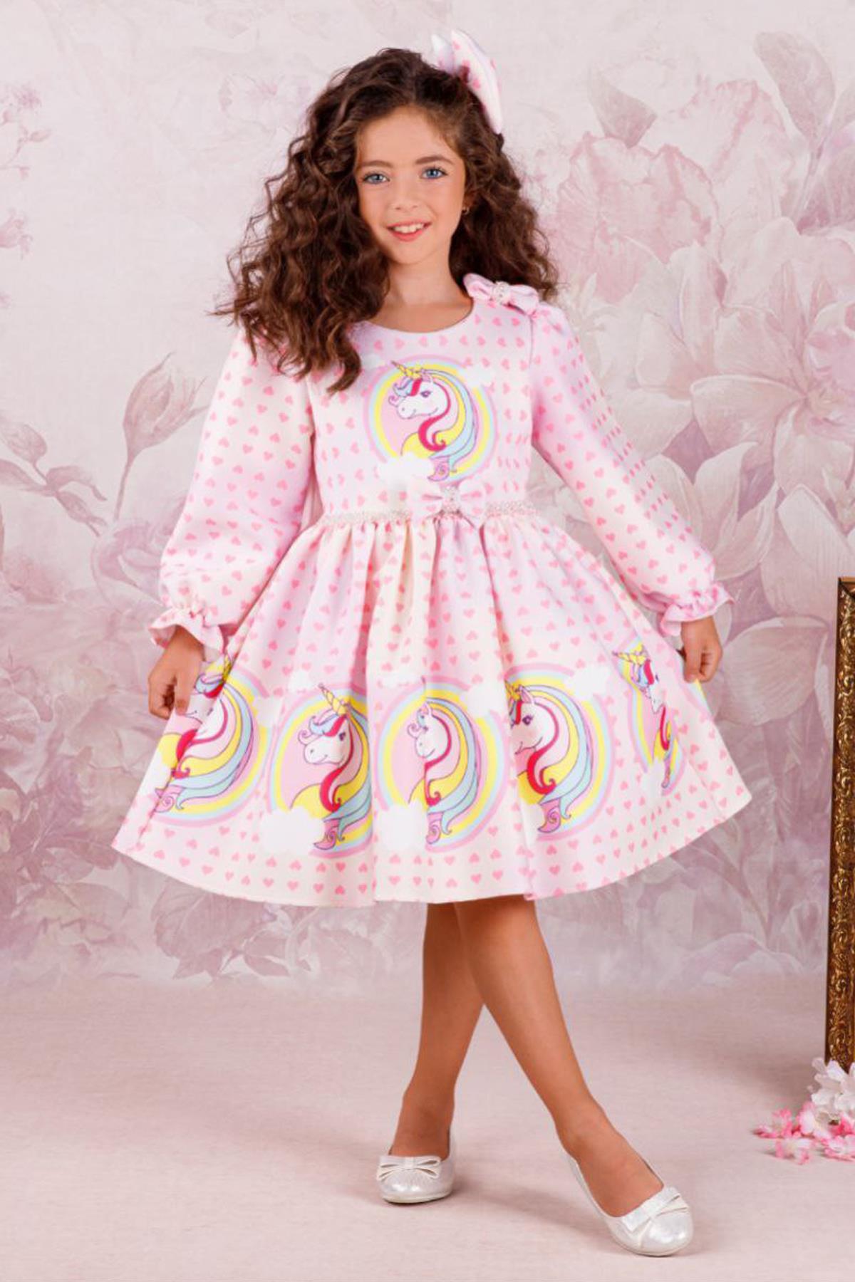 

Girl Unicorn Printed Heart Patterned Buckle Pink Dress 2-10Years