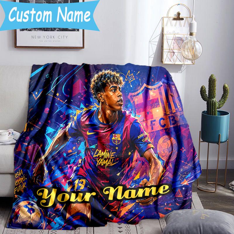 Custom Name Lamine Yamal Soccer Celebration Flannel Blanket, Use for Birthday/Holiday Gift, Soft Blanket for Sofa/Bed/Camping/Office, Home Decor