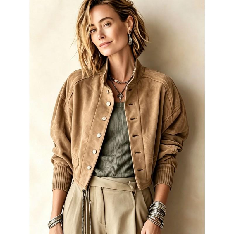 Womens Short Suede Baseball Jacket Loose Fit Casual Outerwear Winter 2026