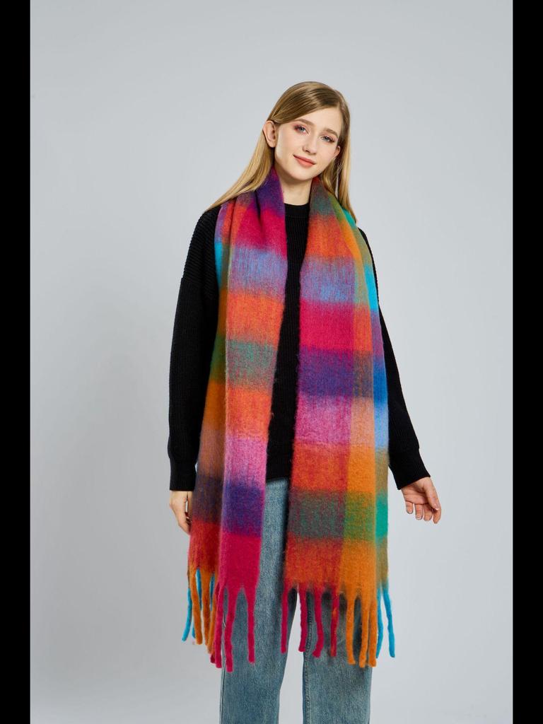 Women's High-Grade Colorful Plaid Mohair Scarf - Thick, Warm, and Versatile for Winter