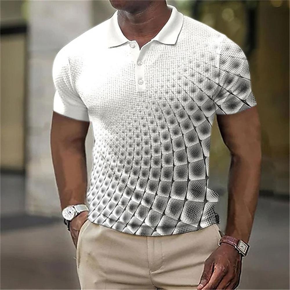 Men's 3D Plaid Print Casual Loose Short Sleeve Polo Shirt