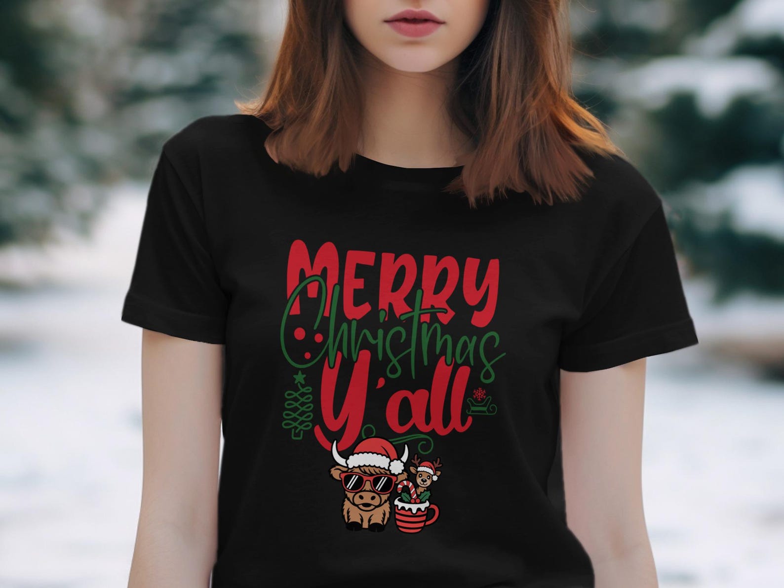 Merry Christmas Y all Highland Cow T-Shirt, Cute Reindeer Mug Holiday Southern Xmas Tee, Festive Family Party Shirt 2XL