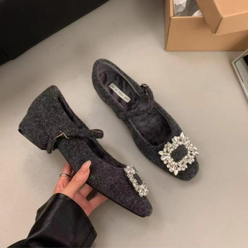 Fashion Thick Heel Single Shoes Women's Commute Shallow Mouth Rhinestone Not Tired Thick Heel Shoes Womens Shoes Zapatos De Mujer