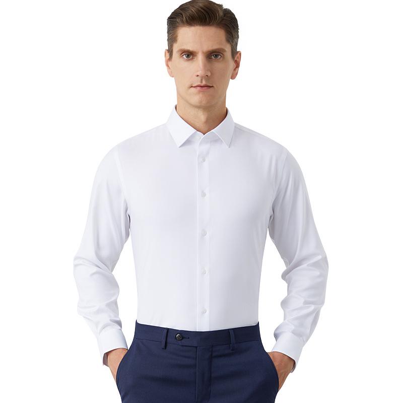 Men's Modal Stretch Long Sleeve Shirt - Non-Iron White, Spring & Autumn Style, Customizable LOGO, Professional Wear.