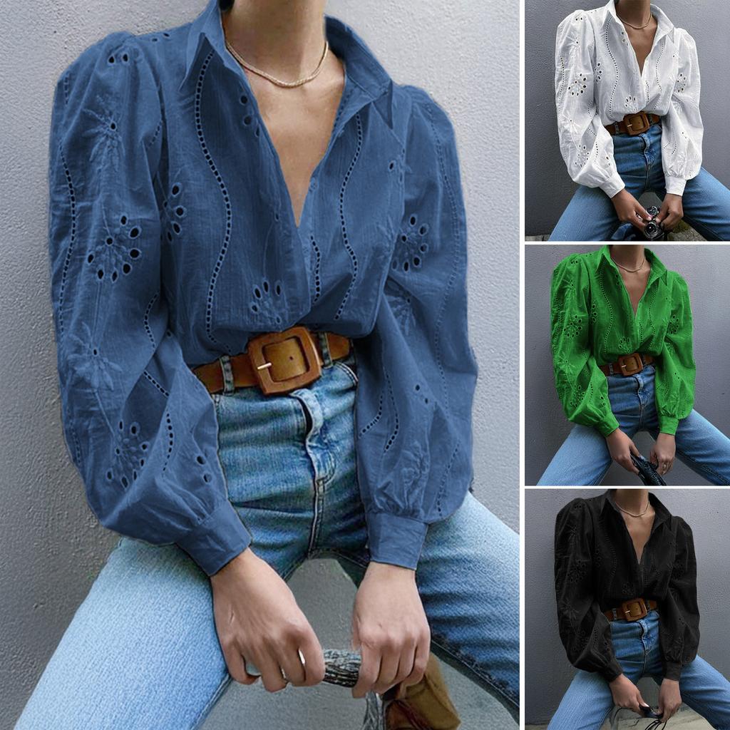 Women Fashion Crochet Lace Shirts Long Puff Sleeve Casual Flower Embroidery Buttons Down Blouse Tops Office Lady