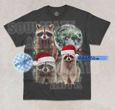 Three Raccoons Christmas T- Shirt Xmas Moon Feral Animal Graphic Unisex  Shirt
