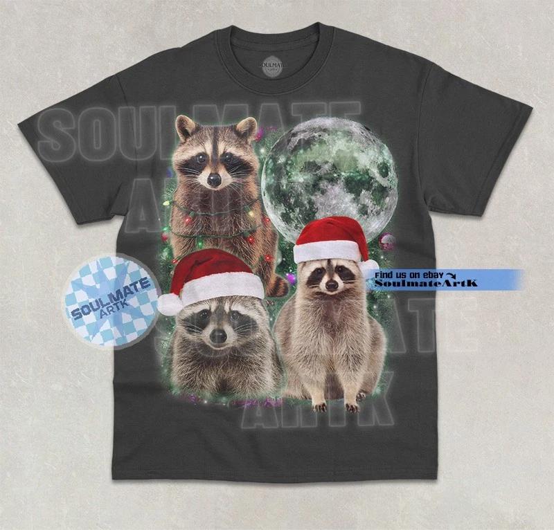 Three Raccoons Christmas T- Shirt Xmas Moon Feral Animal Graphic Unisex Shirt M