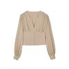 Ladies Elegant Blouse Lantern Long Sleeve Tops V Neck Crop Top Fashion Shirts Women Button Down Blouses
