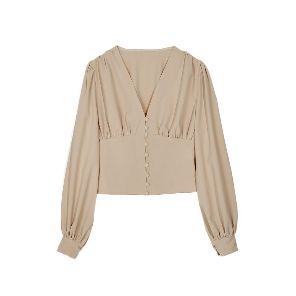 Ladies Elegant Blouse Lantern Long Sleeve Tops V Neck Crop Top Fashion Shirts Women Button Down Blouses