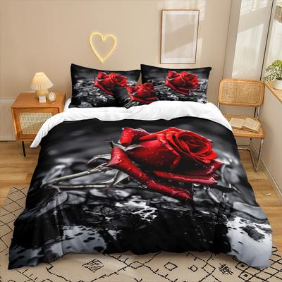 Rose Serie 3D Digitaldruck Dreiteiliges Bettwäscheset Bettlaken Bettbezug