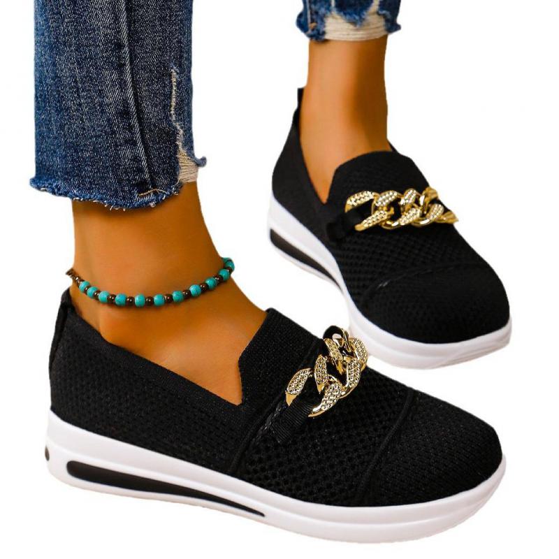Fashion Women Pink Casual Shoes Breathable Mesh Shoes Woman Lightweight Chain Shallow Ladies Wedge Heels Shoes Spring Autumn Loafers
