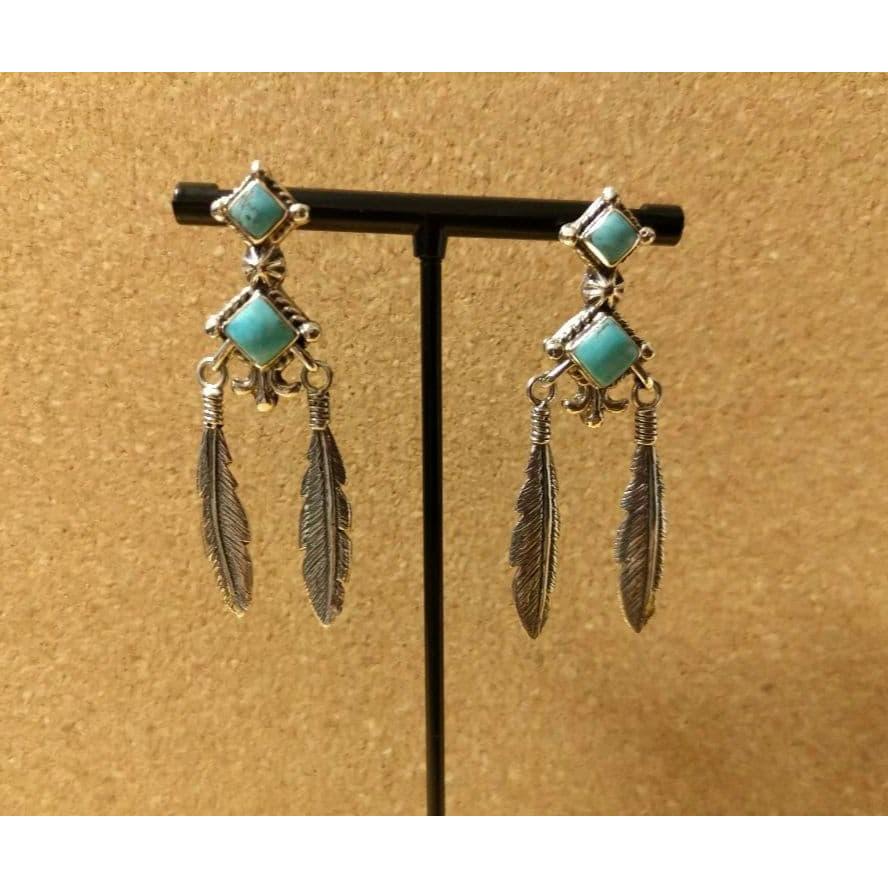 Used Navajo Running Bear Studio Turquoise Feather Earrings
