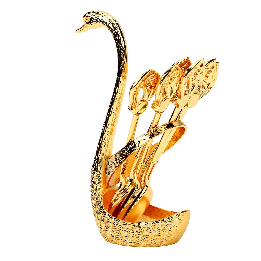Coffee Spoon Holder Set Metal 6pcs Dessert Spoons and Swan Base Holder for Kitchen Coffee Station Bar Party Tabletop
