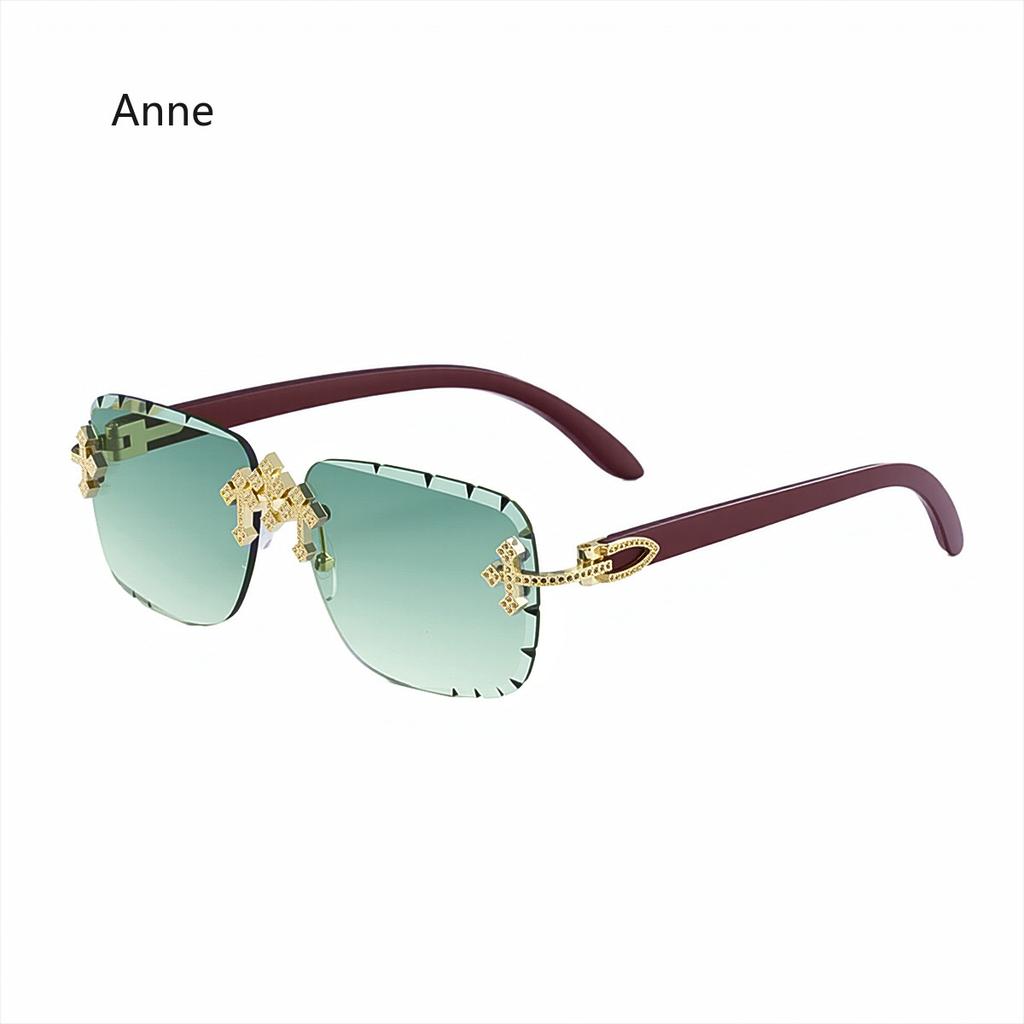 Punk New Men's Retro Square Rimless Sunglasses Cross with Diamond-Cut Edges Gradient Shades Imitation Wood Grain Women Glasses