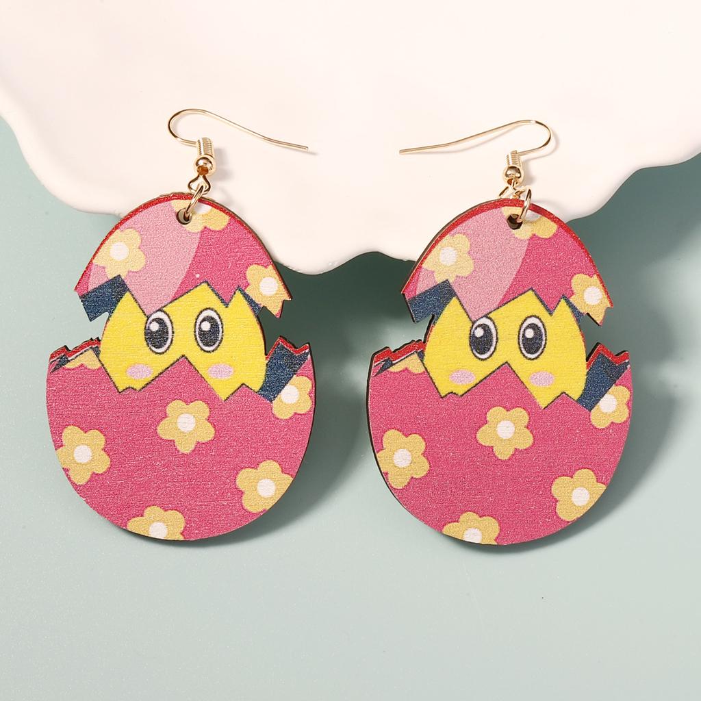 New style, fashionable and individual wooden cartoon-painted geometric oval dinosaur egg earrings and simple earrings