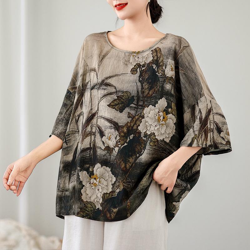 Ethnic Style Summer Cotton Linen Blouse Ethnic Style Bat Sleeve Loose Large Round Neck Comfortable T-shirt for Women