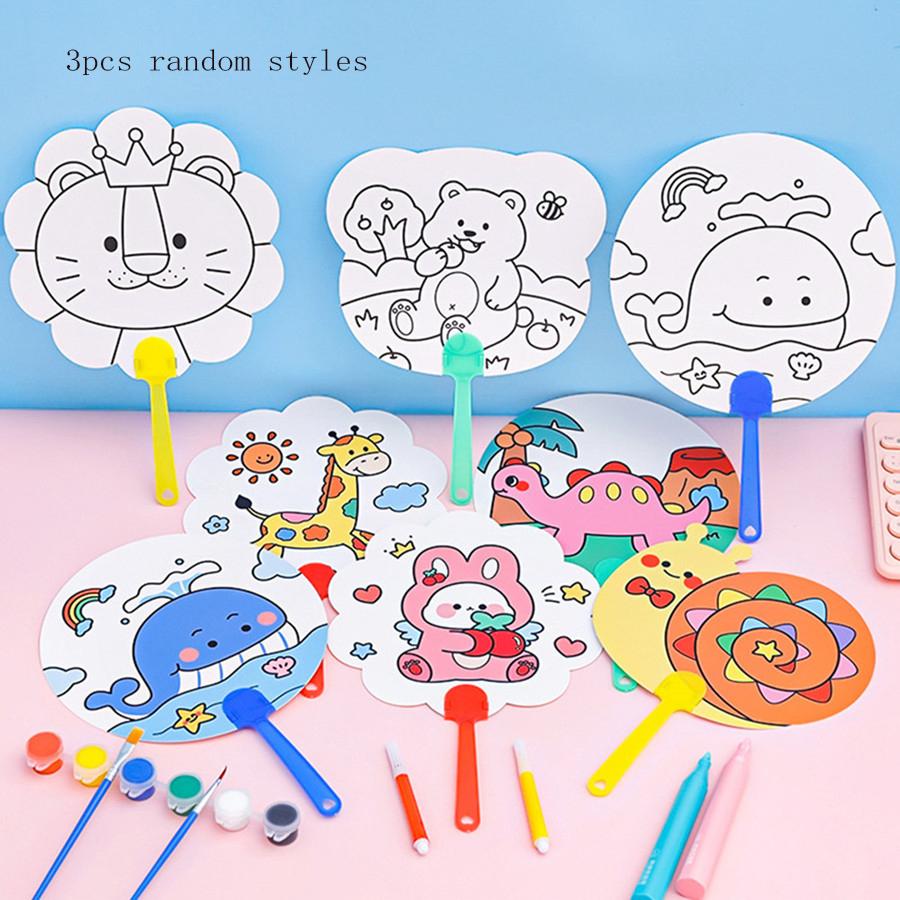 3Pcs  Random Pattern Children s Cute Cartoon Graffiti Fans Hand-Painted Gifts Painted  Plastic Circular Fans