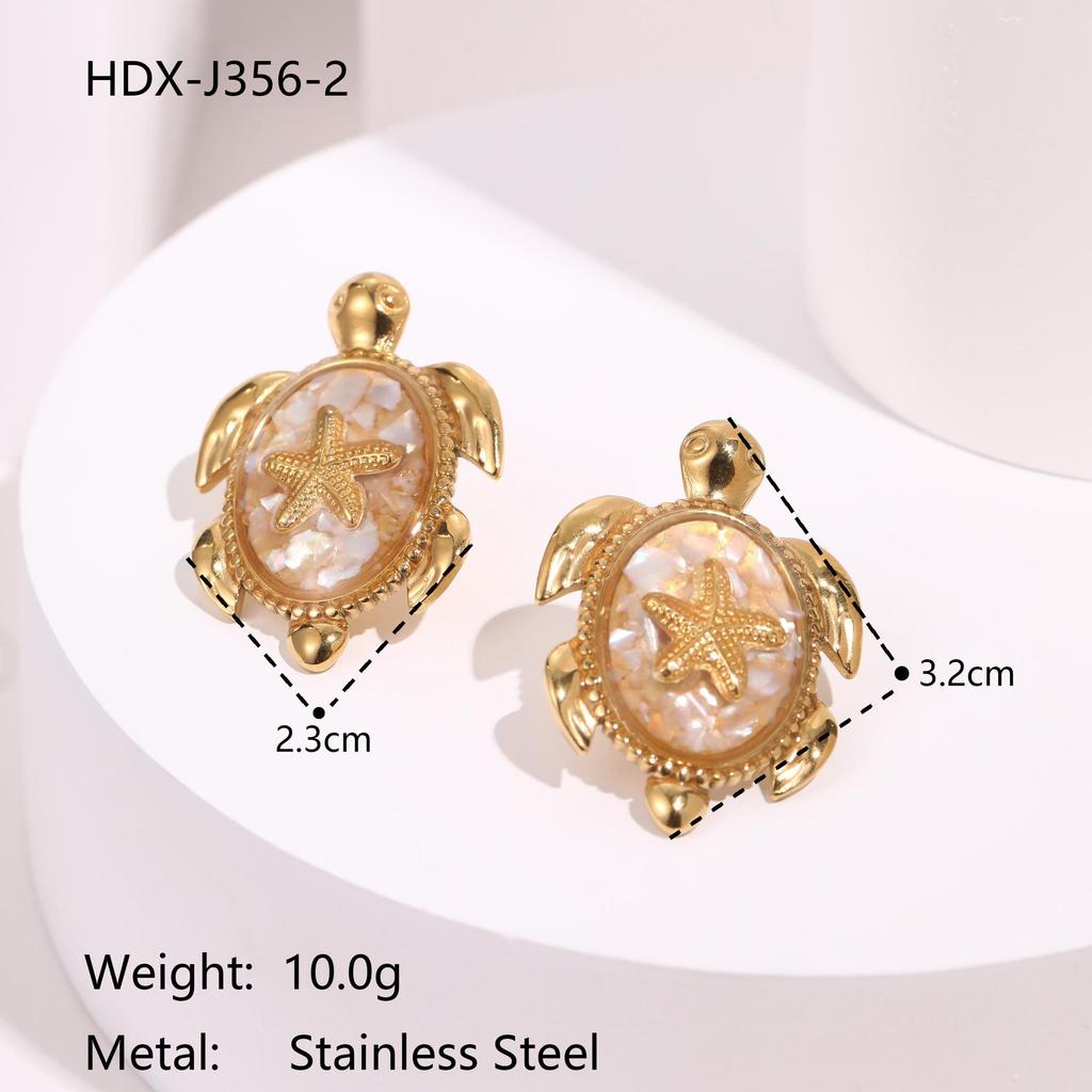 Brincos Europeus & Americanos Estilo Oceano de Estrela-do-mar & Tartaruga Marinha em Aço Inoxidável com Detalhes de Concha