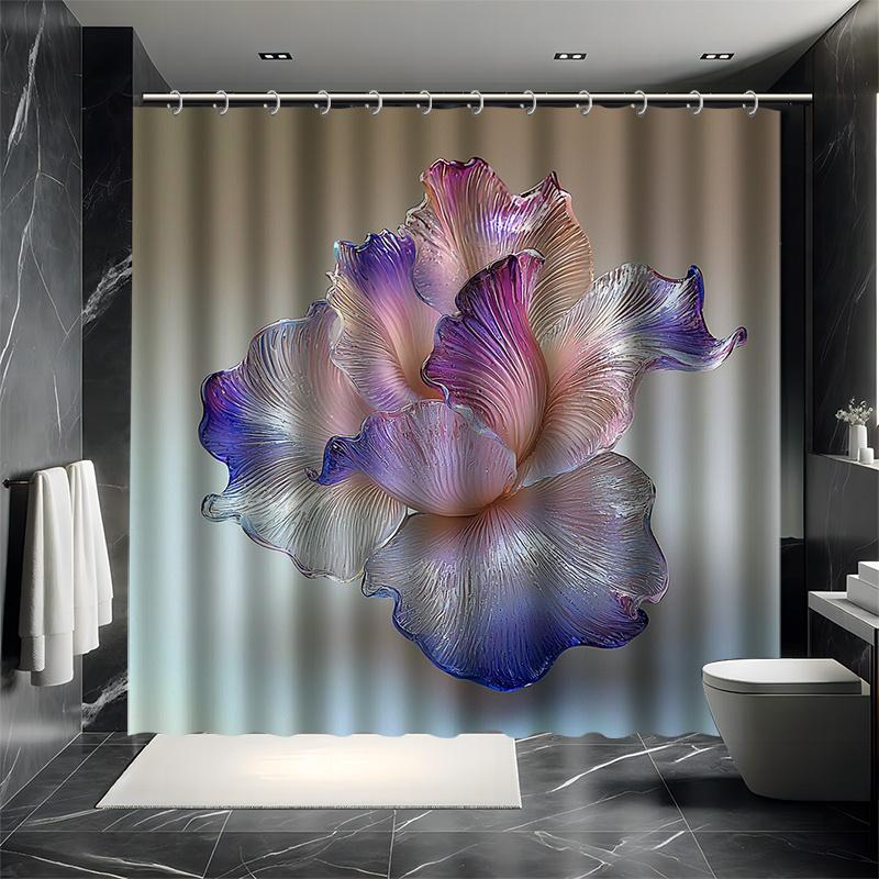 Glass Flower Shower Curtain Set - Purple & White Gradient, Elegant Art Style, Polyester Fabric, Modern Bathroom Decor