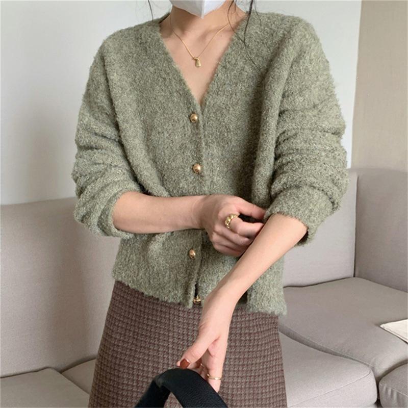 Vintage V-neck Plush Knit Cardigan - Autumn/Winter Slimming, Single-Breasted, Long Sleeve, Loose Fit