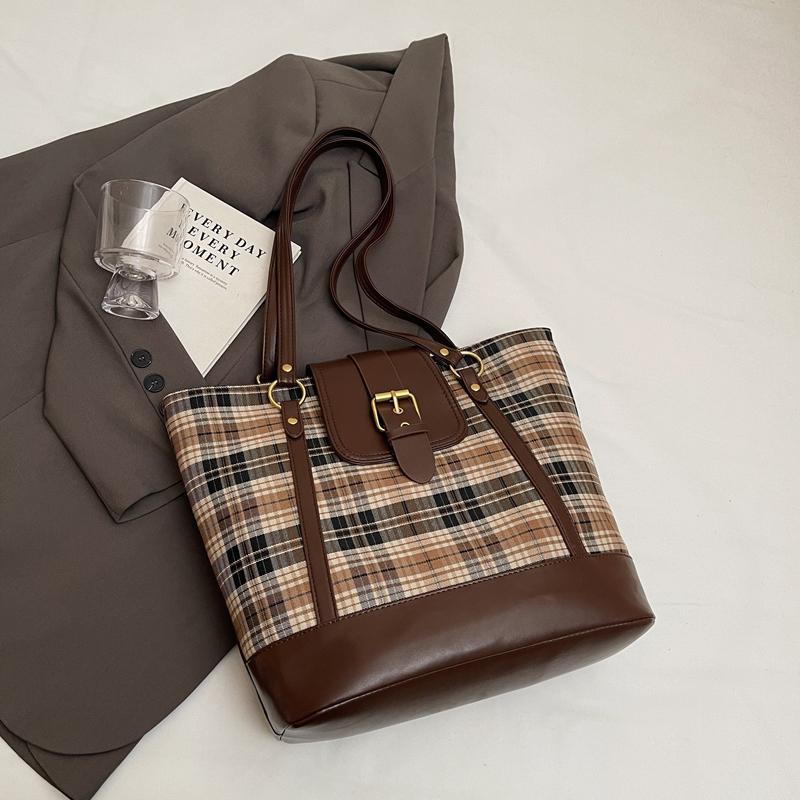 Karierte Umhängetasche mit großer Kapazität für Damen im Vintage-Stil, Einkaufstasche, Rucksack