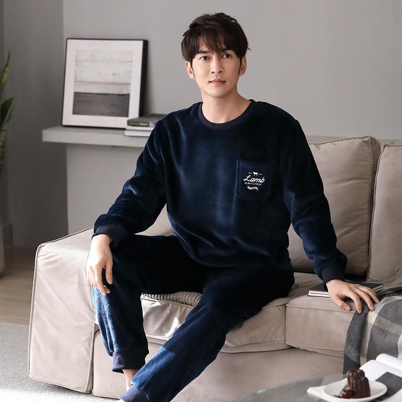 Flannel Pajamas Men'S Autumn And Winter Pullover To Keep Warm Winter Fleece Thickened Coral Fleece Men'S Loungewear Set