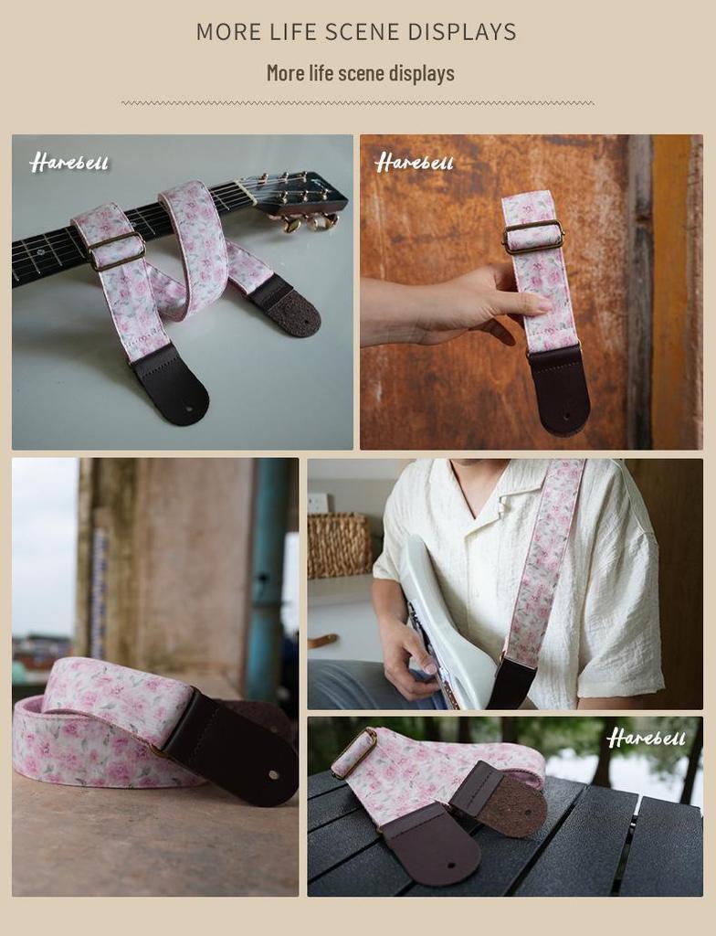 Retro Pink Peony Folk Guitar Strap - 5cm Wide & Comfortable