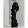 Women's new solid color round neck long-sleeved floral wide-leg pants loose casual suit two-piece set