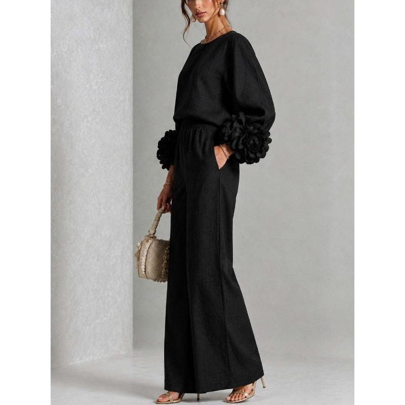 Women's new solid color round neck long-sleeved floral wide-leg pants loose casual suit two-piece set