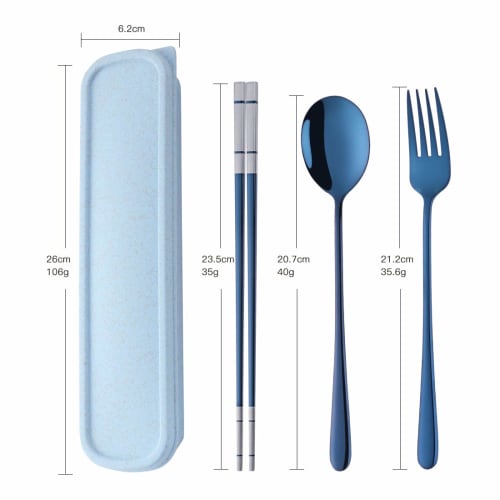 Do Buy Trio Set: Chopsticks, Spoon, and Fork, 3-Piece Set, Made of 18-8 Stainless Steel with a Stylish Wheat Container, 23cm Laser Chopsticks, Titaniu