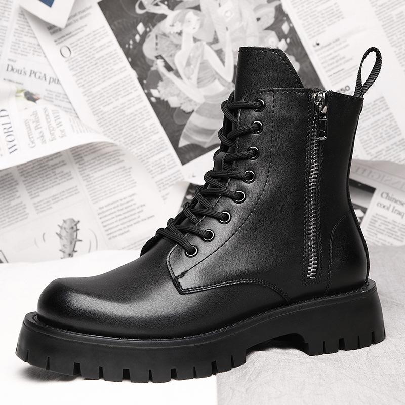 Boots men  high top British style mid top leather shoes men's boots winter thick sole with plush warm cotton shoes