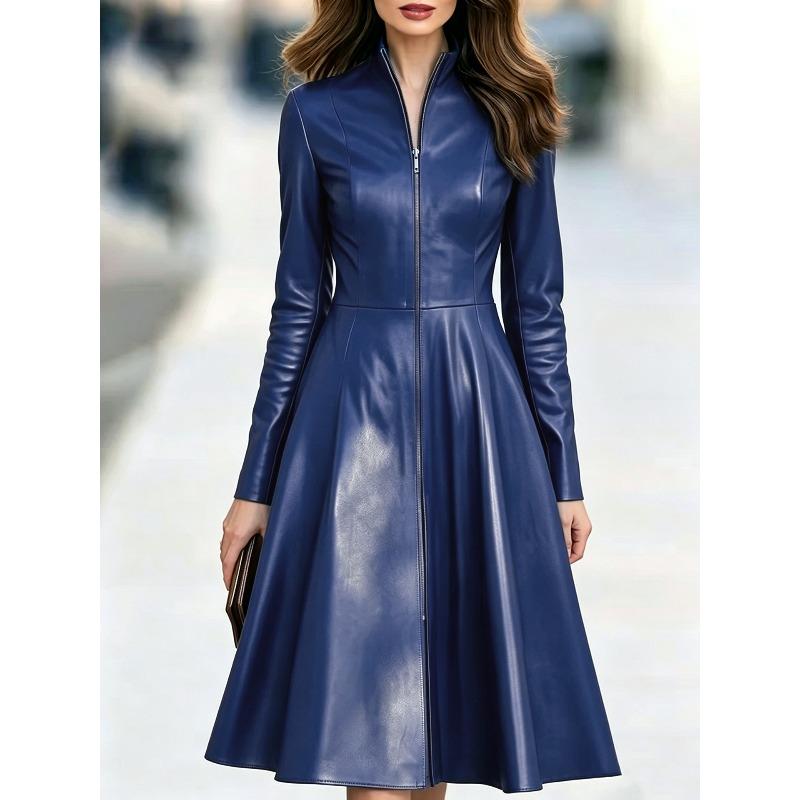 TIFICY Women's Fashion Spring Autumn Solid Color Print Long Sleeve Stand-Neck High Waist Casual Dresses