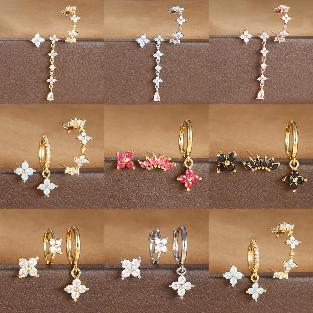 3PCS Zircon Flower Pendant Earring Sets For Women Stainless Steel Cartilag Piercing Earring Trend Jewelry Aretes De Mujer