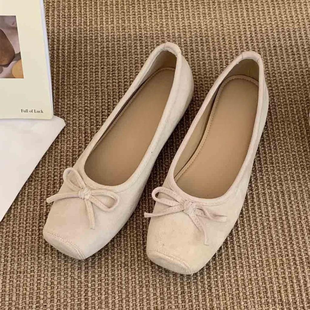 Flat red single shoes female French gentle fairy ballet style beanie shoes inner height increase yellow ladyshoes