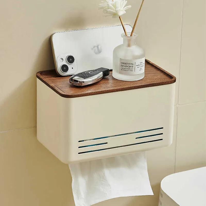 Walnut&Beech bathroomWaterproof Wall Mount Toilet Paper Holder Shelf Toilet Roll Paper Tube Storage Rack Storage Box Tray Rack