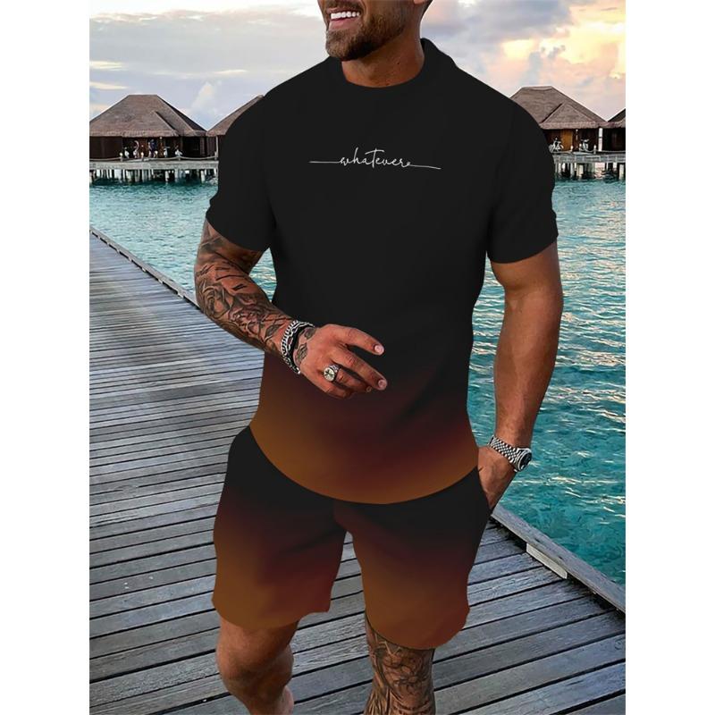 Men's Breathable Athletic Set Summer 3D Letter Print T-Shirt And Shorts Set Adult Lightweight Fitness Wear Casual Sportswear Set