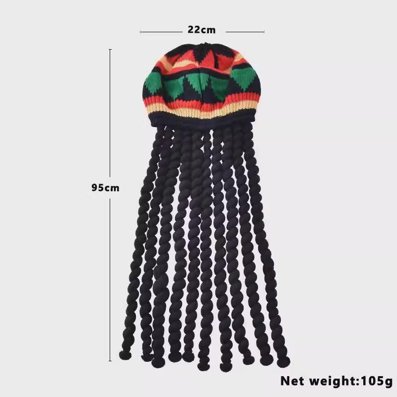 New Unisex Knitted Braid Hat Jamaican Bob Rasta Beanie Hats Hip Hop Cap Dreadlocks Wig Bob Marley Caribbean Fancy Dress Hat