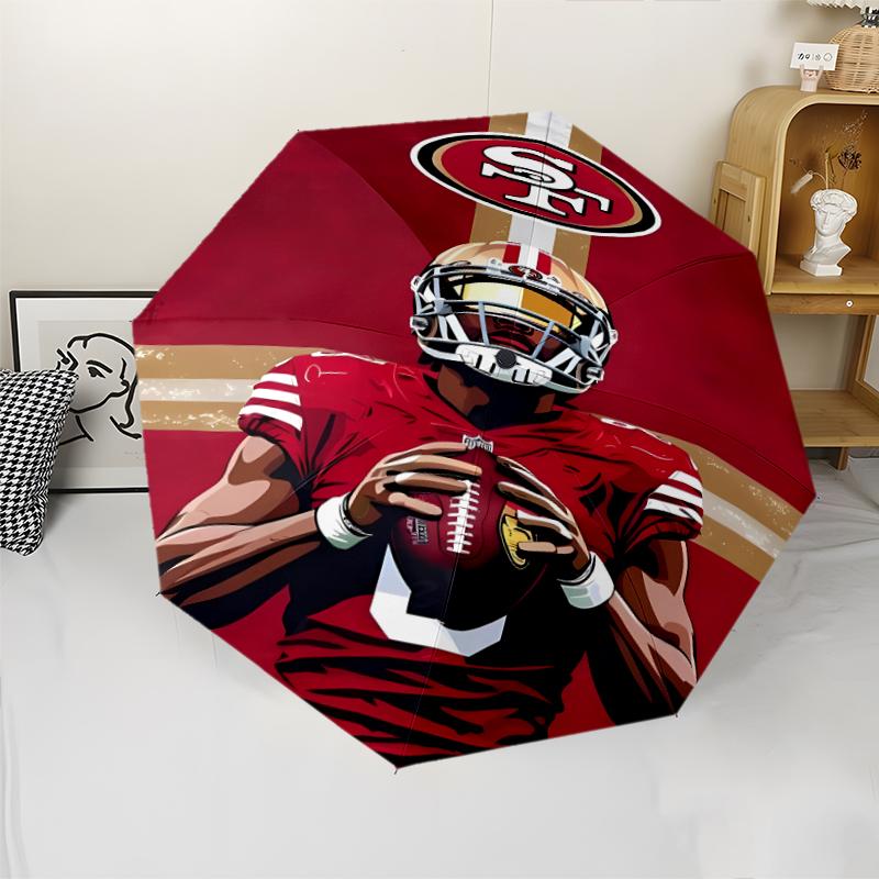 San Francisco 49ers LOGO Print Automatic Umbrella, 8 Rib Iron Frame, Plastic Handle, Suitable for Outdoor Travel &Daily , Ideal Gift
