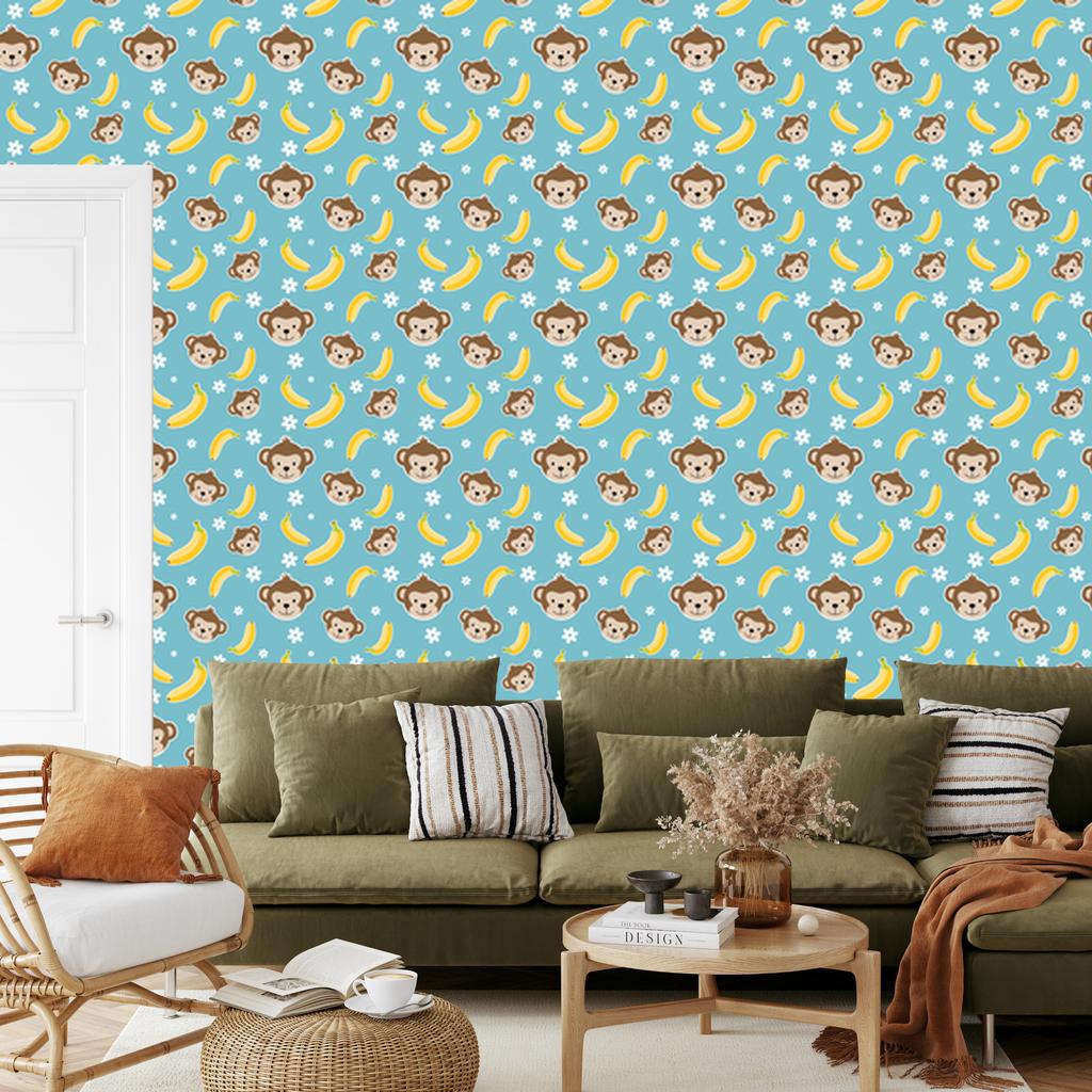 Monkey Wallpaper Turquoise and Beige for Living Room and Bedroom 50x1000