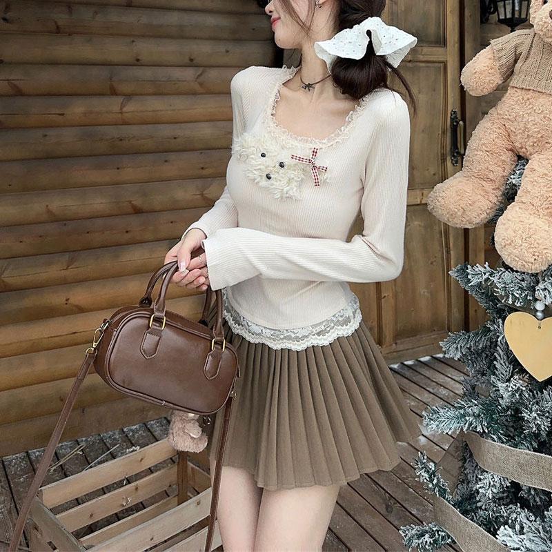 Sweet Lace Spliced Slim T-shirt Women's Clothing Chic Cartoon Puppy Spring Autumn Long Sleeve Hotsweet Square Collar Pullovers