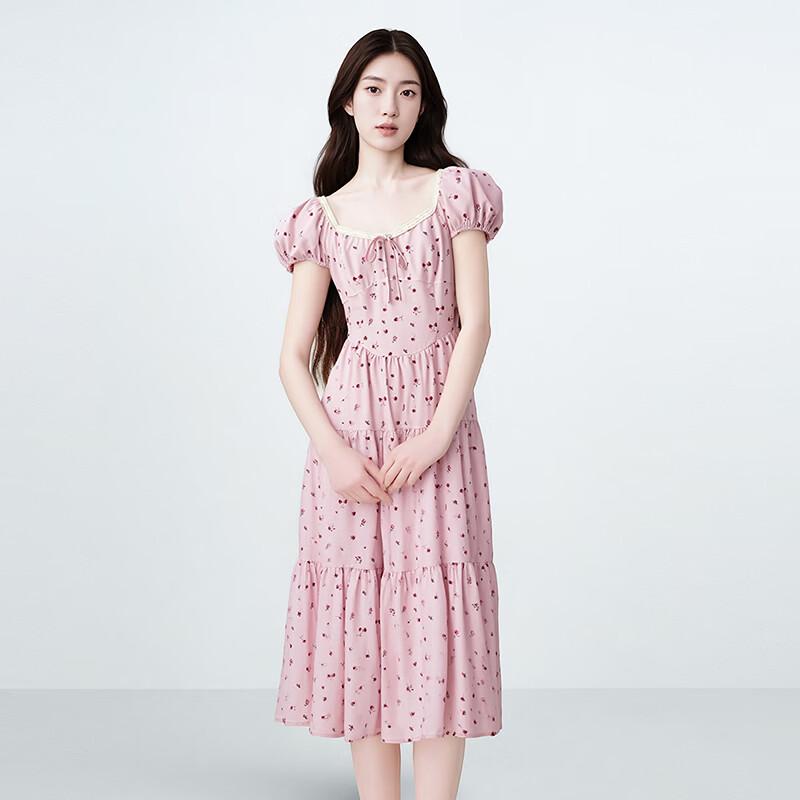 Ledin Pink Raspberry Floral Contrast French Short Sleeve Dress